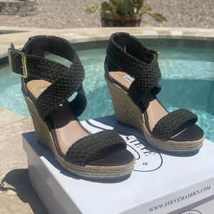 Steve Madden Sklar Wedge Sandals Black Crochet Espadrilles Size 7